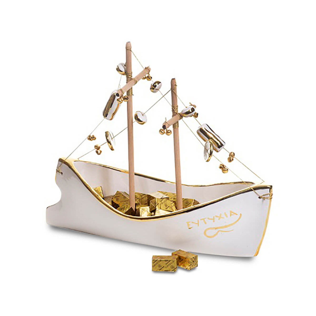 350γρ τυλιχτά σοκολατάκια Gianduja και κεραμικό καράβι με φύλλο χρυσού "Μαρία Μόρτογλου χειροποίητο" μεγάλο μέγεθος 36cm