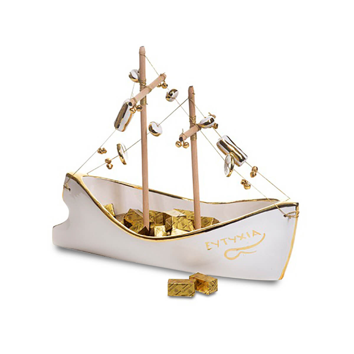 350γρ τυλιχτά σοκολατάκια Gianduja και κεραμικό καράβι με φύλλο χρυσού "Μαρία Μόρτογλου χειροποίητο" μεγάλο μέγεθος 36cm