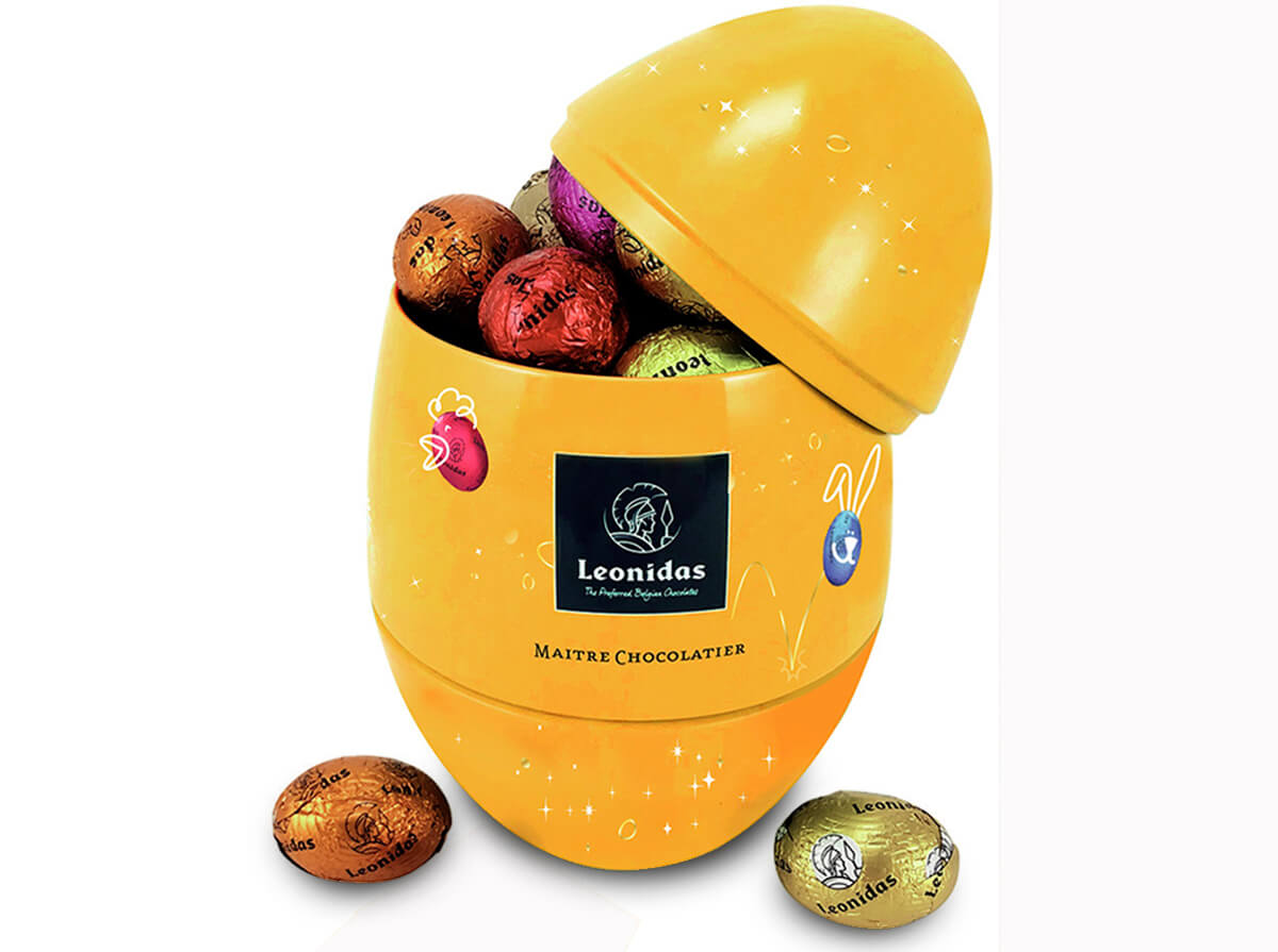 Μεταλλικό κουτί σε σχήμα αυγού με 300γρ ποικιλία σοκολατένια αυγουλάκια Leonidas