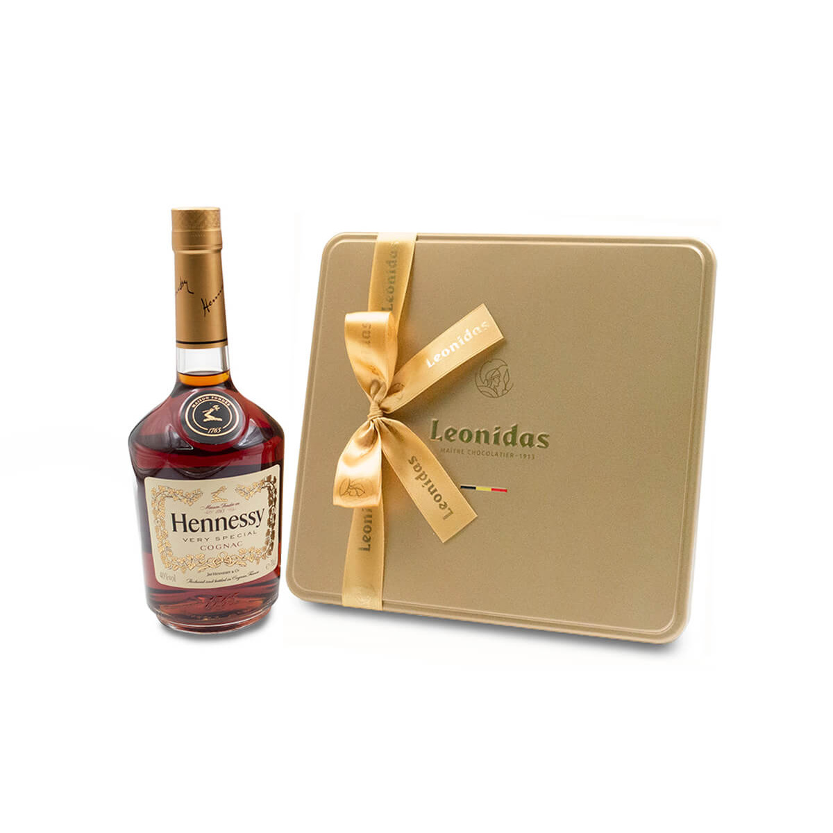 Χρυσή κασετίνα πολυτελείας “Heritage L” με ποικιλία πραλινών 470g και 1 φιάλη κονιάκ “Hennessy” V.S. 70cl