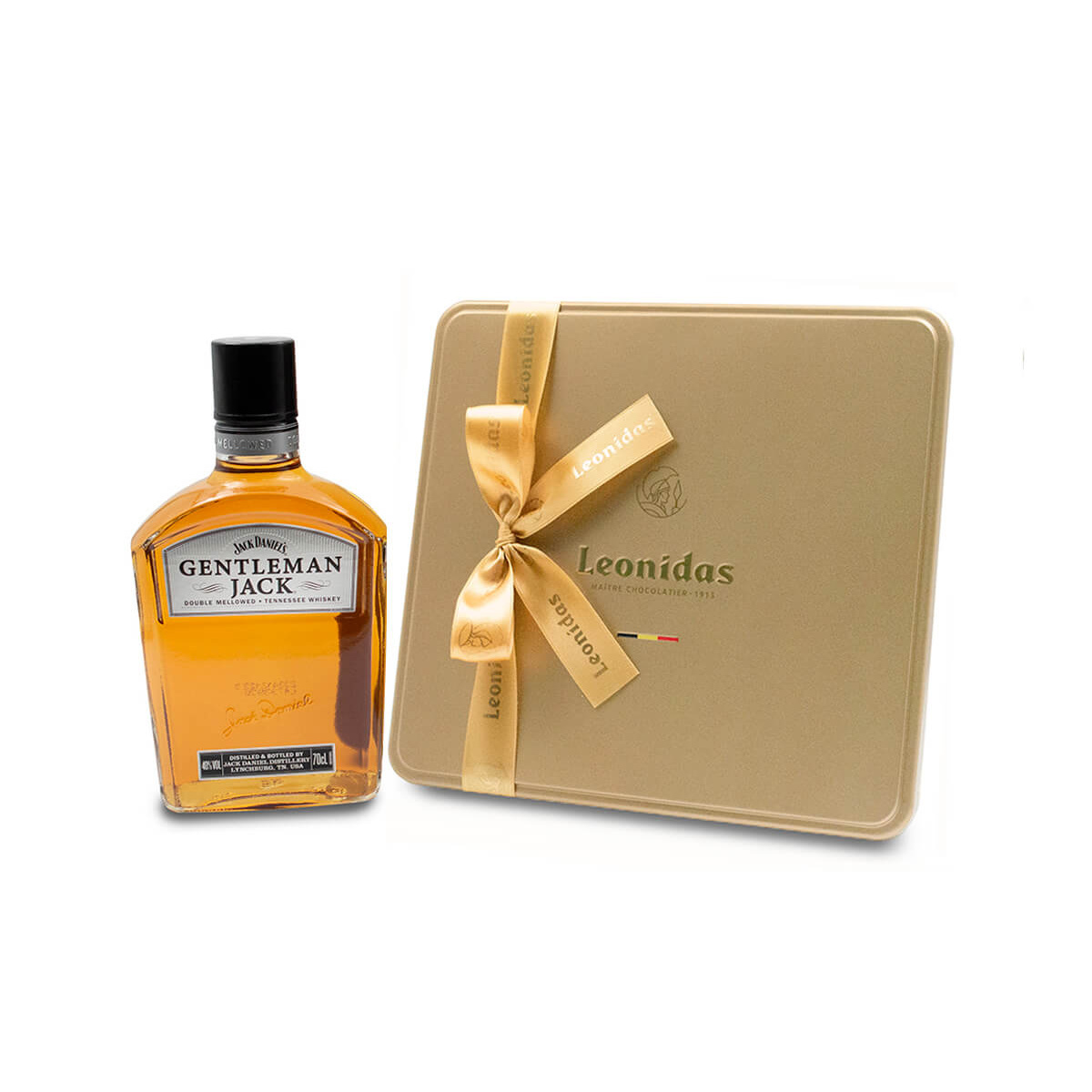 Χρυσή κασετίνα πολυτελείας “Heritage L” με ποικιλία πραλινών 470g και 1 φιάλη ουΐσκι Jack Daniel's Gentleman 700ml