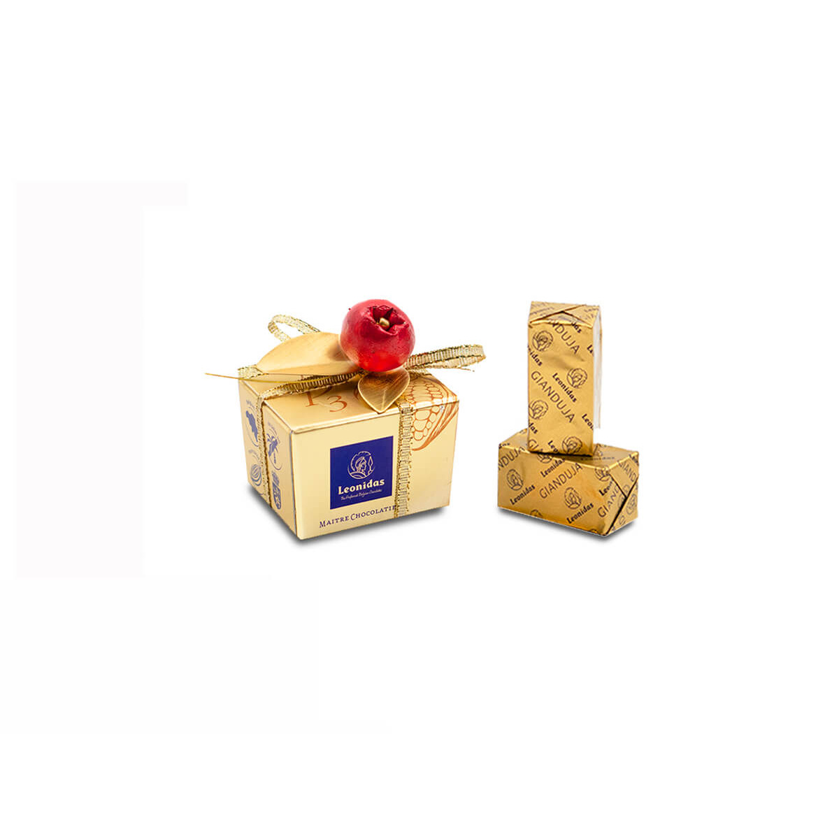Mίνι κουτί χάρτινο Leonidas με δύο τυλιχτές πραλίνες και γούρι ρόδι χειροποίητο