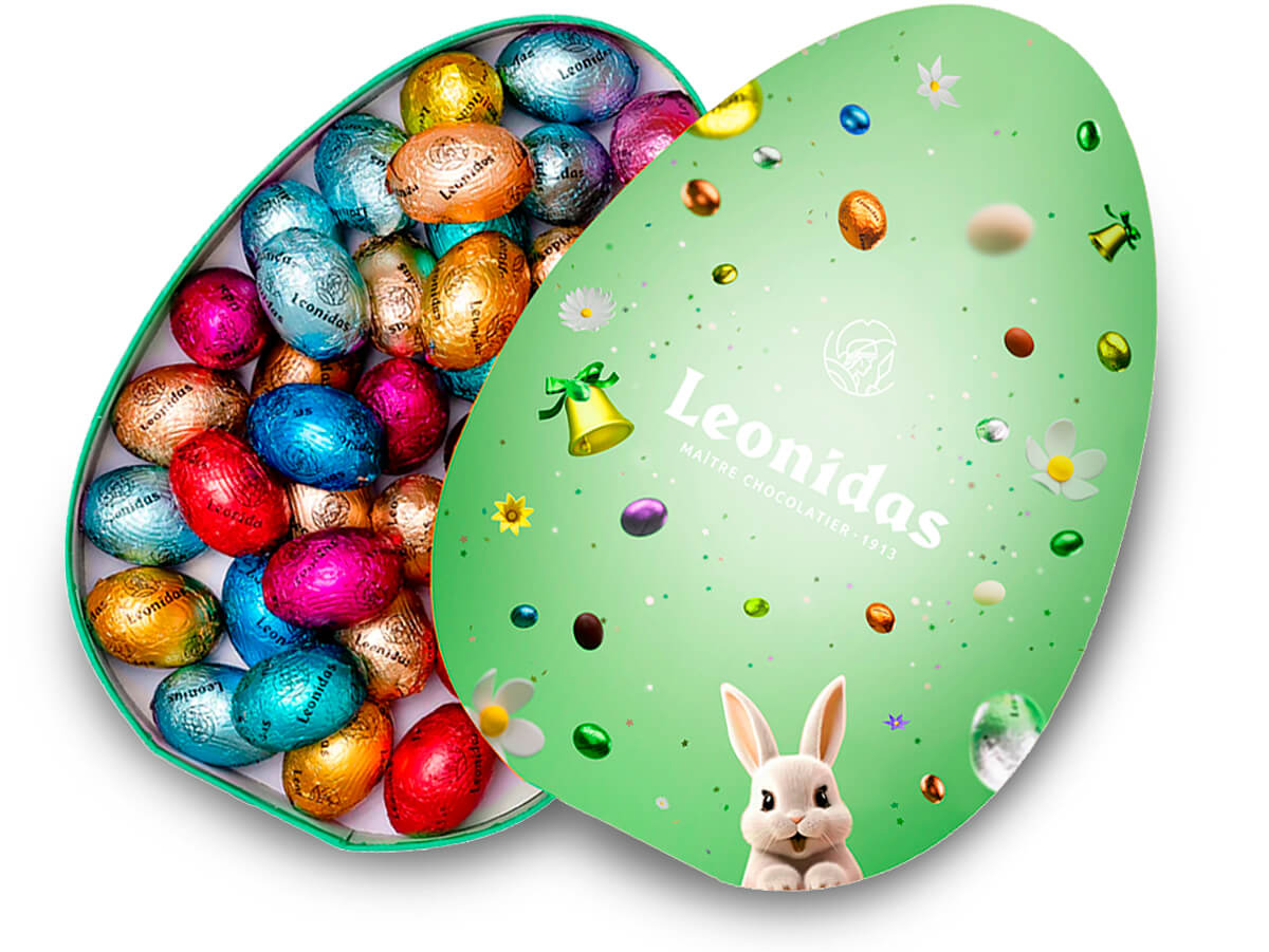 Χάρτινο κουτί σε σχήμα αυγού με 320g σοκολατένια αυγουλάκια Leonidas